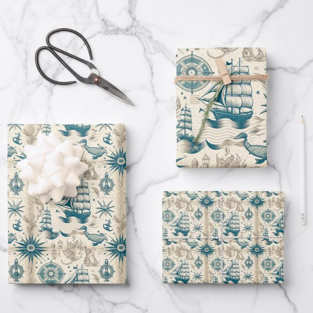 Feuille De Papier Cadeau Navire nautique et motif à thème océanique No18 (Recto)