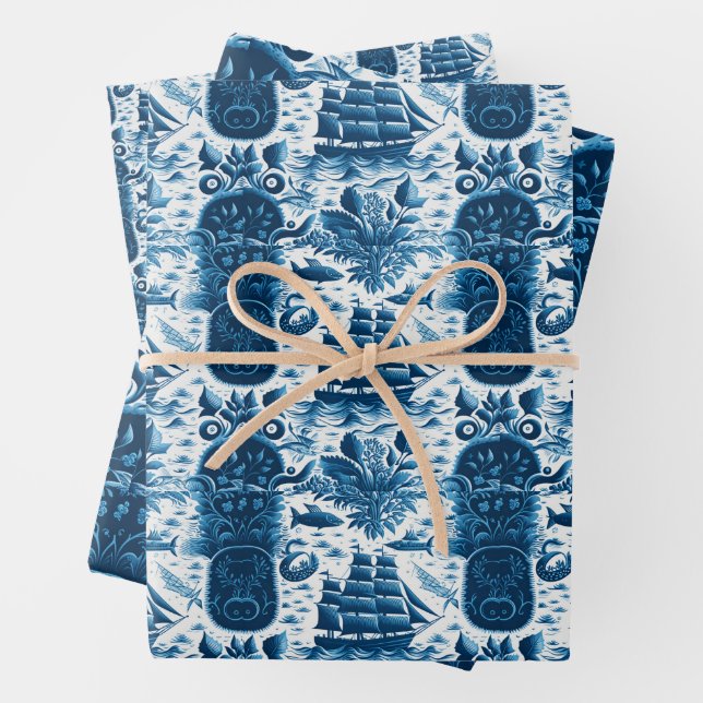 Feuille De Papier Cadeau Navire nautique et motif à thème océanique No5 (En situation)