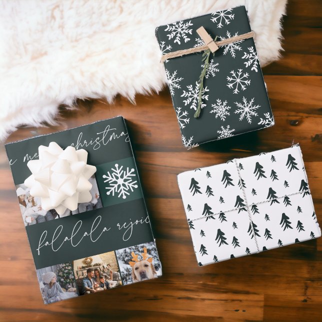 Feuille De Papier Cadeau neige de Noël 8 photos grille vert pin (Christmas snow 8 photos grid pine green wrapping paper sheets)