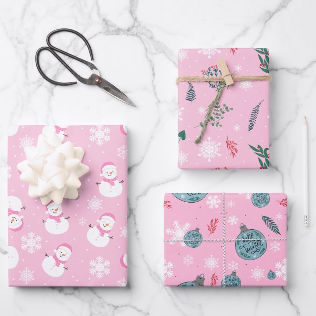 Feuille De Papier Cadeau Neige d'hiver légère rose et blanche (Recto)