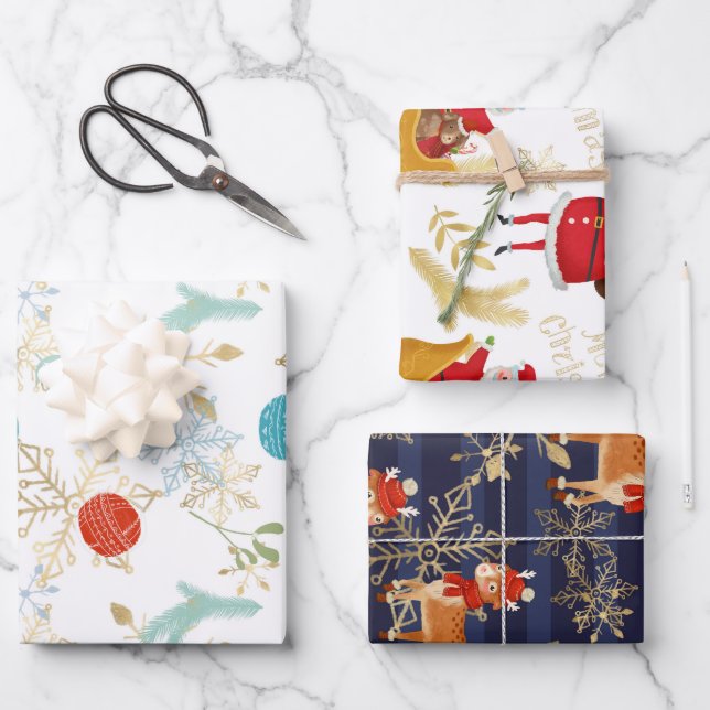 Feuille De Papier Cadeau Neige Reindeer Et Père Noël Noël Motif (Recto)