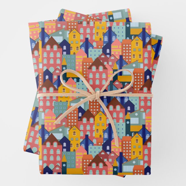 Feuille De Papier Cadeau Neighborhood Block City Houses Pattern (En situation)