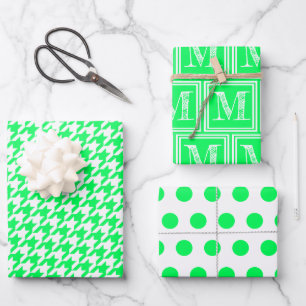 Feuille De Papier Cadeau Neon Green Houndstooth Monogram Polka Dot