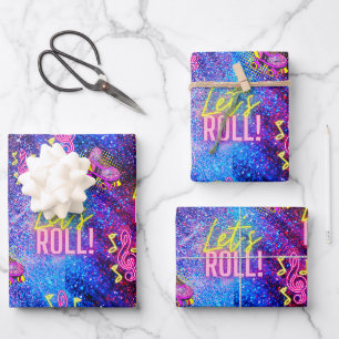 Feuille De Papier Cadeau Neon Pink Roller Patinage Disco Anniversaire