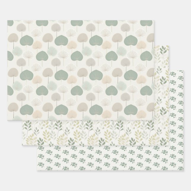 Feuille De Papier Cadeau Neutral plante vert beige gris (Lot)