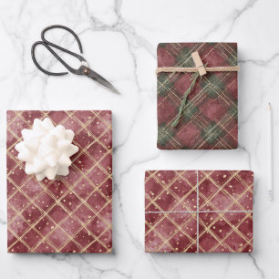 Feuille De Papier Cadeau Noël à carreaux avec points rouges et rayures vert