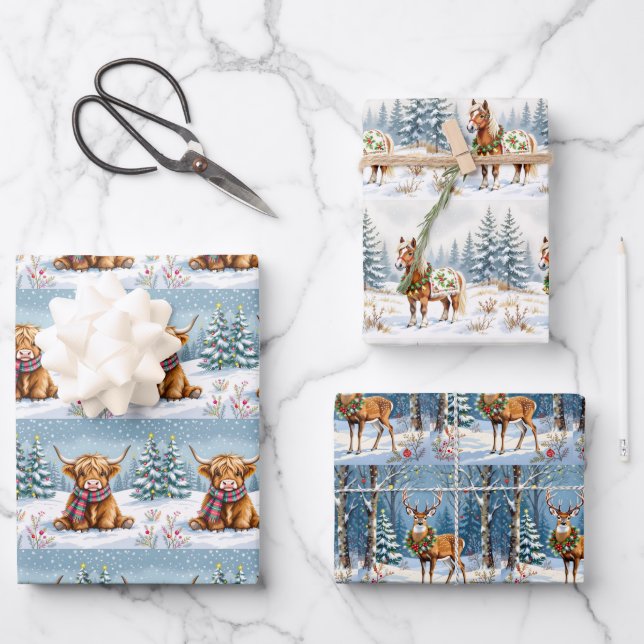 Feuille De Papier Cadeau Noël à Shetland Pony, Deer et Highland Cow (Recto)