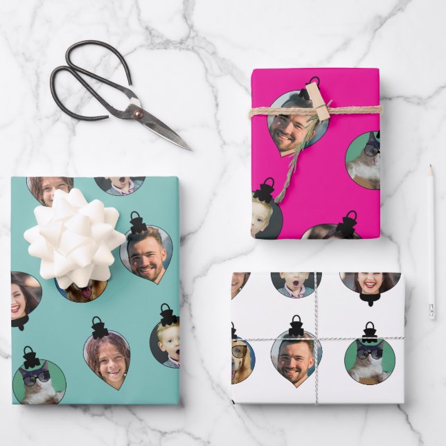 Feuille De Papier Cadeau Noël Amusant Famille Visages Ornements (Recto)