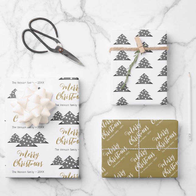Feuille De Papier Cadeau Noël Arbre Motif Festive Script Famille (Recto)