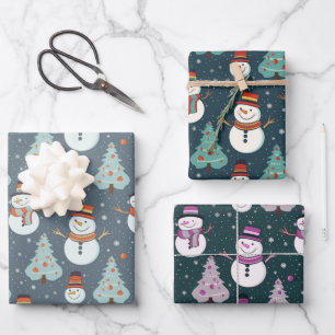 Feuille De Papier Cadeau Noël Arbres Snowflakes Snowmen Noël