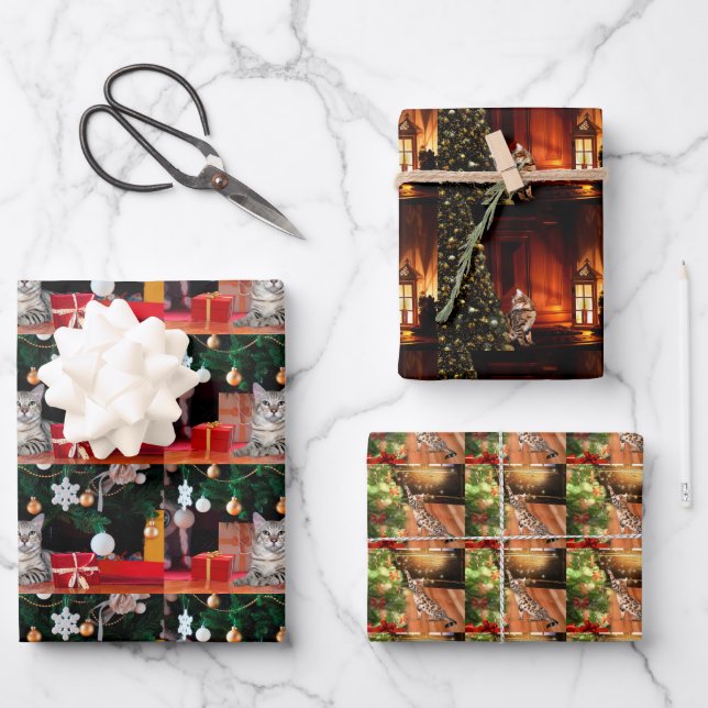 Feuille De Papier Cadeau Noël aux chats du Bengale (Recto)