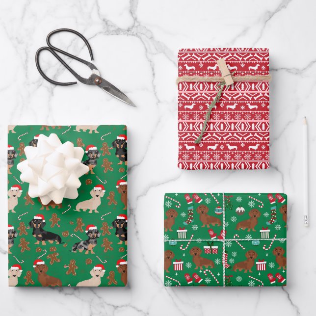 Feuille De Papier Cadeau Noël aux chiens de Dachshund (Recto)