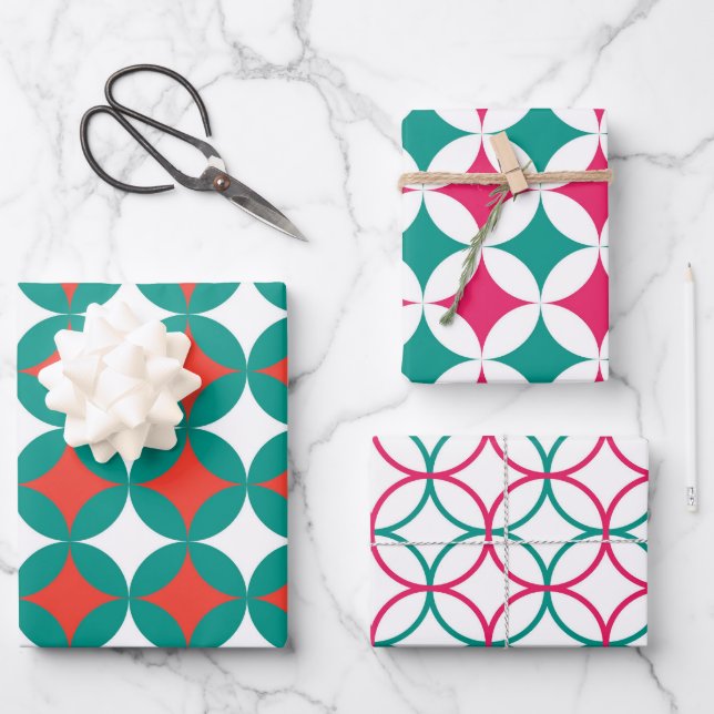 Feuille De Papier Cadeau Noël blanc rouge classique géométrique (Recto)