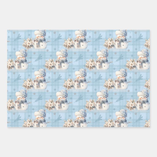 Feuille De Papier Cadeau Noël Blue Little Snowman (Devant)