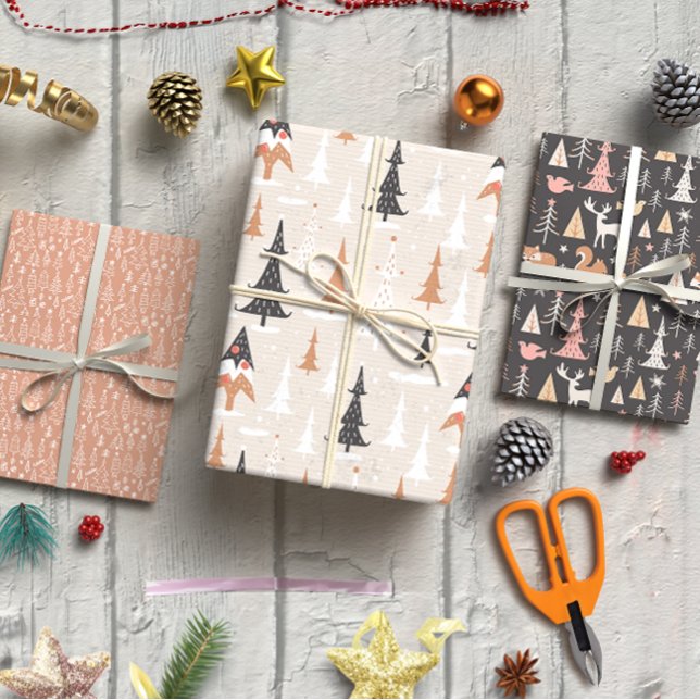 Feuille De Papier Cadeau Noël Brown Jeu d'arbres modernes 3 (Brown Christmas Modern trees set of 3 Wrapping Paper Sheet)