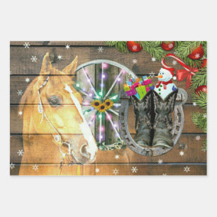 Feuille De Papier Cadeau Noël Cheval Wagon Roue Cowboy Bottes Garland