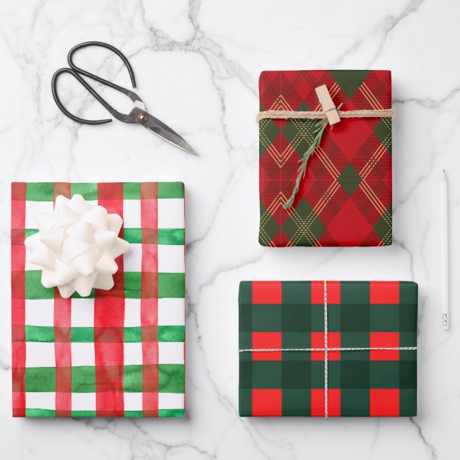 Feuille De Papier Cadeau Noël classique Plaid Rouge Vert Blanc (Recto)