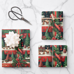 Feuille De Papier Cadeau Noël classique Rouge et Grandes Vertes