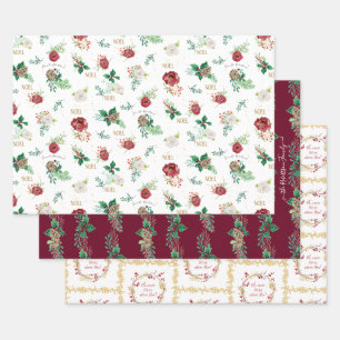 Feuille De Papier Cadeau Noël classique Rouge Vert aquarelle Nom de famille