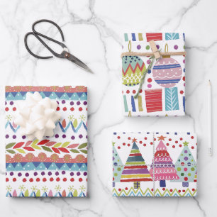 Feuille De Papier Cadeau Noël coloré et fantaisiste peint à la main