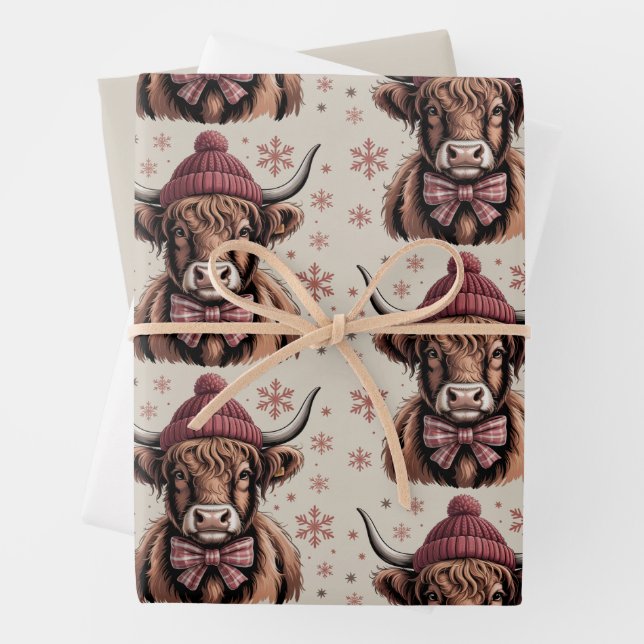 Feuille De Papier Cadeau Noël Coquette Highland Cow Western Farmer (En situation)