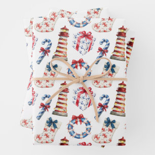 Feuille De Papier Cadeau Noël côtier Bleu et Rouge Nautique