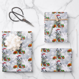 Feuille De Papier Cadeau Noël Dalmatien portant le chapeau du Père Noël lum