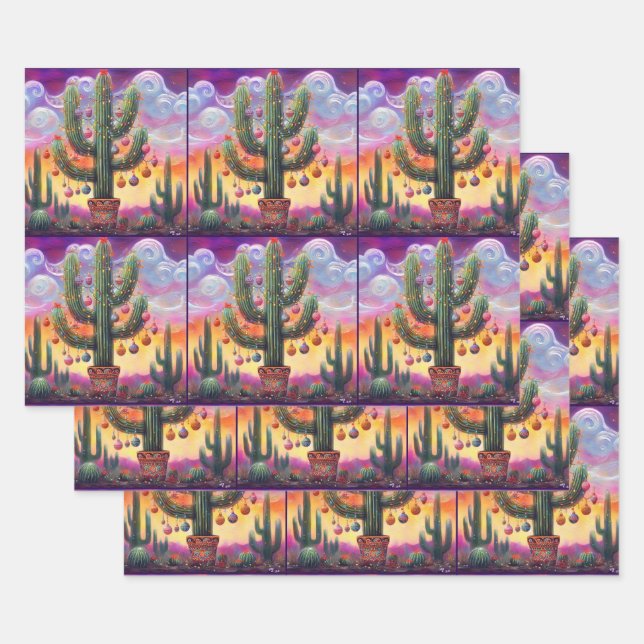 Feuille De Papier Cadeau Noël dans le désert Saguaro Cactus Découpage (Lot)