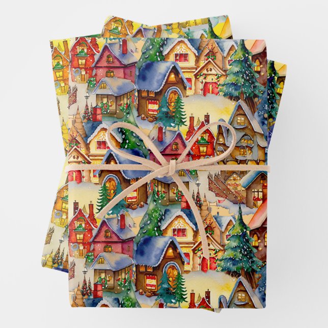 Feuille De Papier Cadeau Noël dans Village lunaire à différentes lumières (En situation)