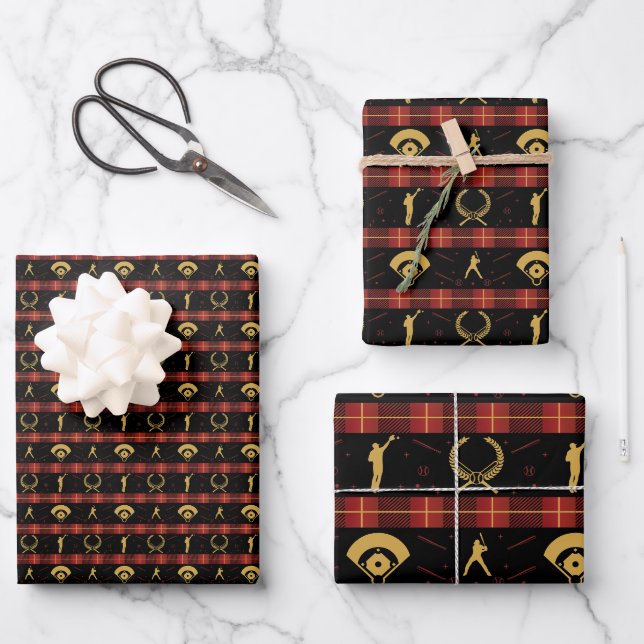 Feuille De Papier Cadeau Noël de baseball - Motif Red Check (Recto)