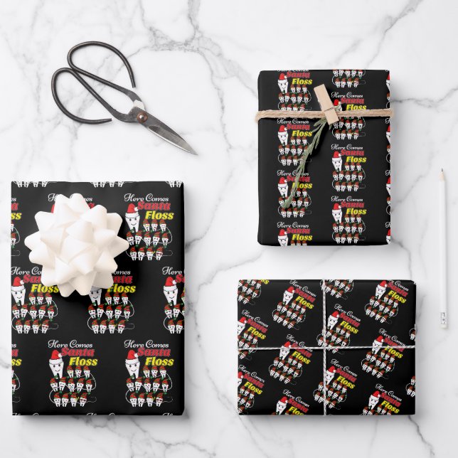 Feuille De Papier Cadeau Noël Dentiste - Père Noël Floss Xmas Pun (Recto)