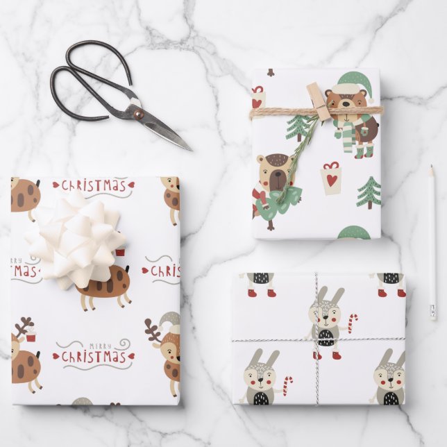 Feuille De Papier Cadeau Noël des animaux de la forêt lunaire (Recto)