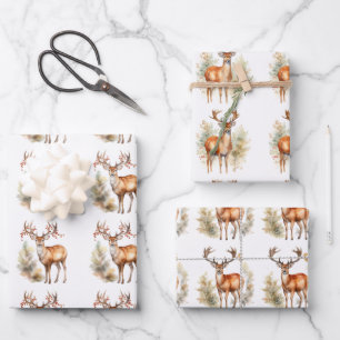 Feuille De Papier Cadeau Noël des cerfs dans la forêt