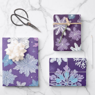 Feuille De Papier Cadeau Noël des flocons de neige blancs et violets