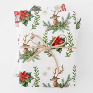 Feuille De Papier Cadeau Noël des rennes et poinsettia rouge