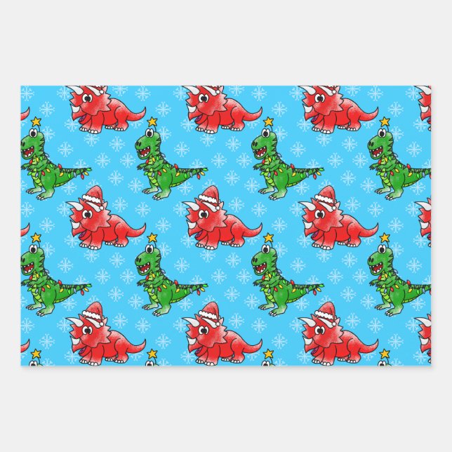 Feuille De Papier Cadeau Noël Dinosaure Motif T-Rex Tricératops (Devant)