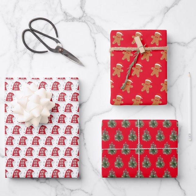 Feuille De Papier Cadeau Noël du Père Noël rouge et rose (Recto)