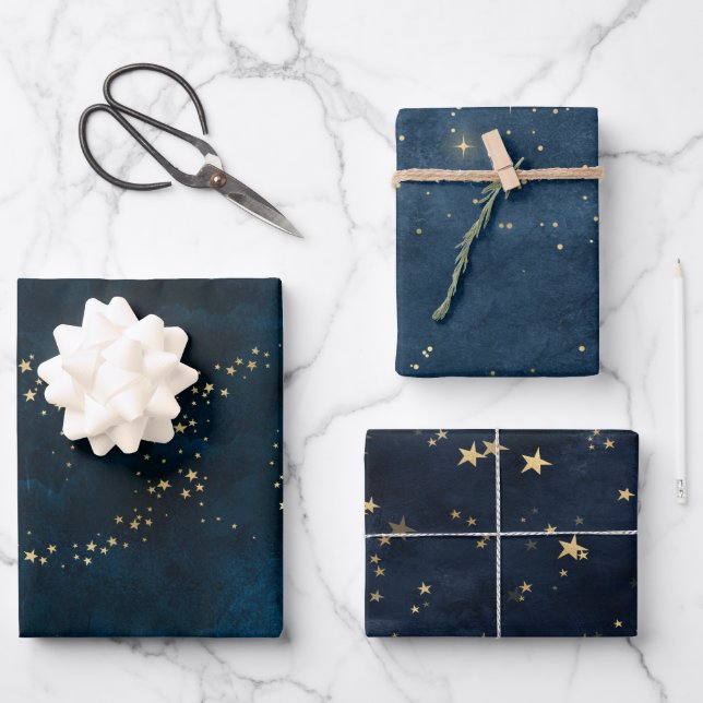 Feuille De Papier Cadeau Noël élégant luxe étoiles or bleu motif (Recto)