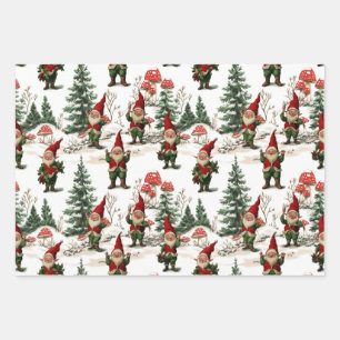 Feuille De Papier Cadeau Noël Festif Gnome et Champignons