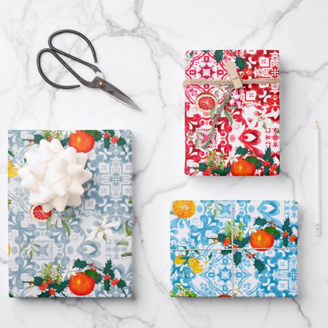 Feuille De Papier Cadeau Noël, festif, mistletoe, carreaux méditerranéens, (Recto)