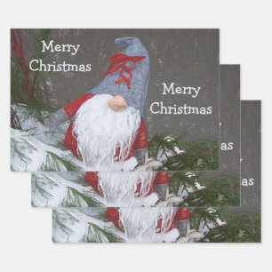 Feuille De Papier Cadeau Noël Fêtes Rouge Gris Rustique Gnome