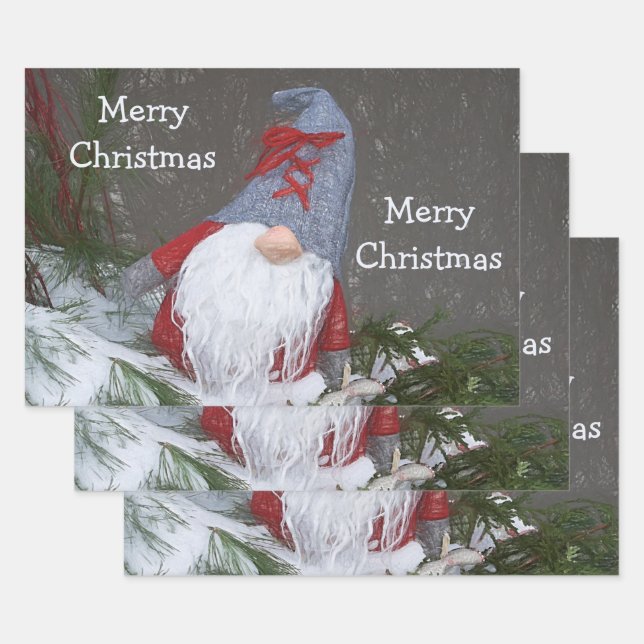 Feuille De Papier Cadeau Noël Fêtes Rouge Gris Rustique Gnome (Lot)