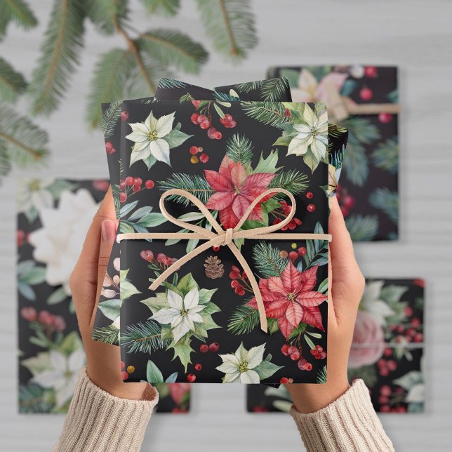 Feuille De Papier Cadeau Noël floral foncé moderne (Créateur téléchargé)