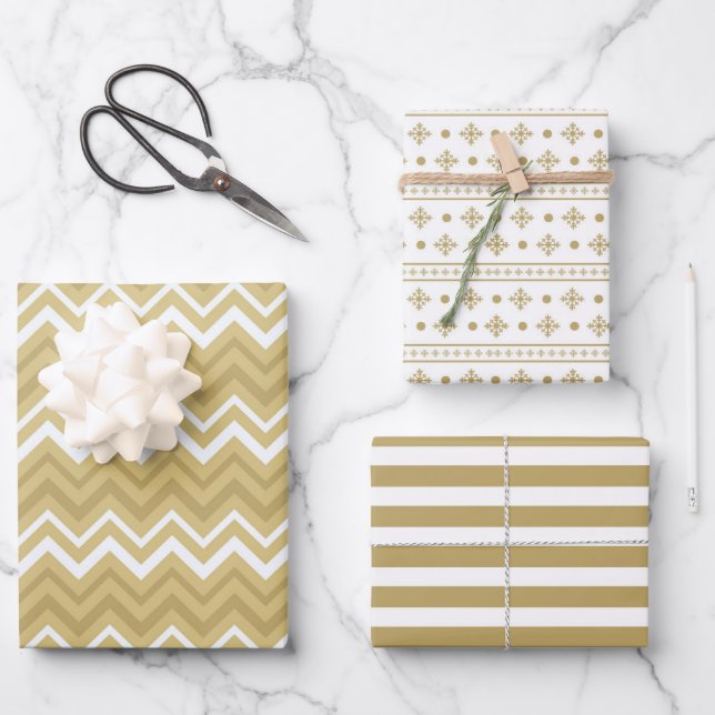 Feuille De Papier Cadeau Noël Géométrique Blanc Or Moderne (Recto)