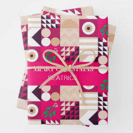 Feuille De Papier Cadeau Noël Géométrique Rose Moderne Nommé