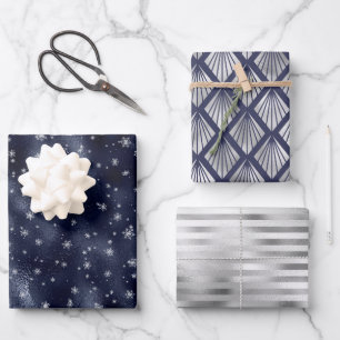Feuille De Papier Cadeau Noël Glam Snowflake Motif Marine Blue Silver