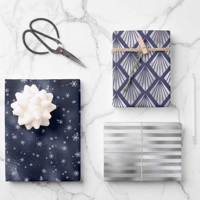 Feuille De Papier Cadeau Noël Glam Snowflake Motif Marine Blue Silver (Recto)