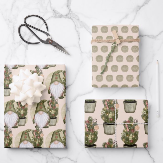 Feuille De Papier Cadeau Noël Gnomes Nordic Scandinave Vert Tan (Recto)