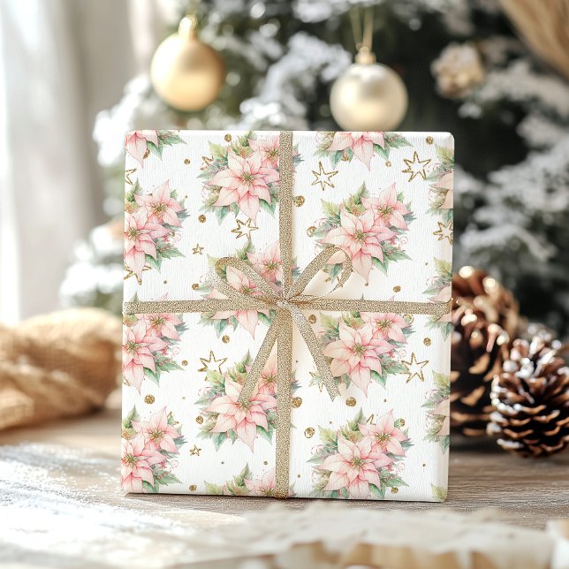 Feuille De Papier Cadeau Noël hiver Onederland or rose Poinsettia (Créateur téléchargé)