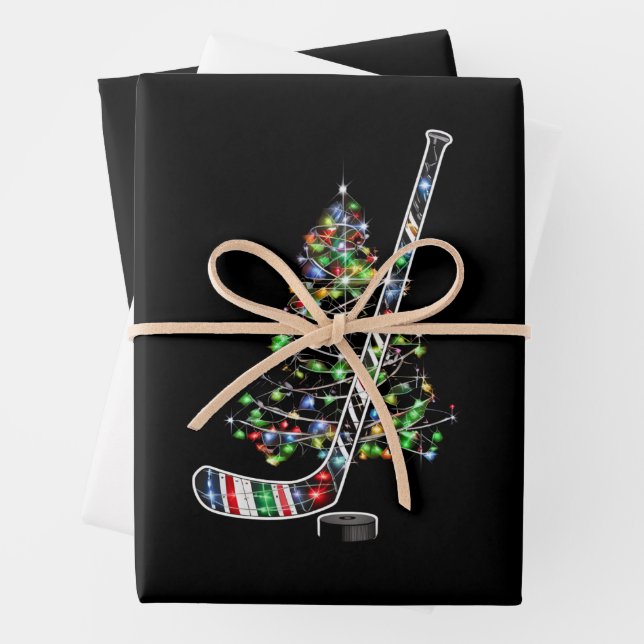 Feuille De Papier Cadeau Noël Hockey Sports Bal Santa Hat Noël (En situation)